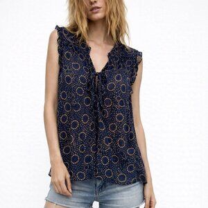 Band of Gypsies Sheer Blue Yellow Boho Blouse Tie Front Ruffle Y2K Top Size M